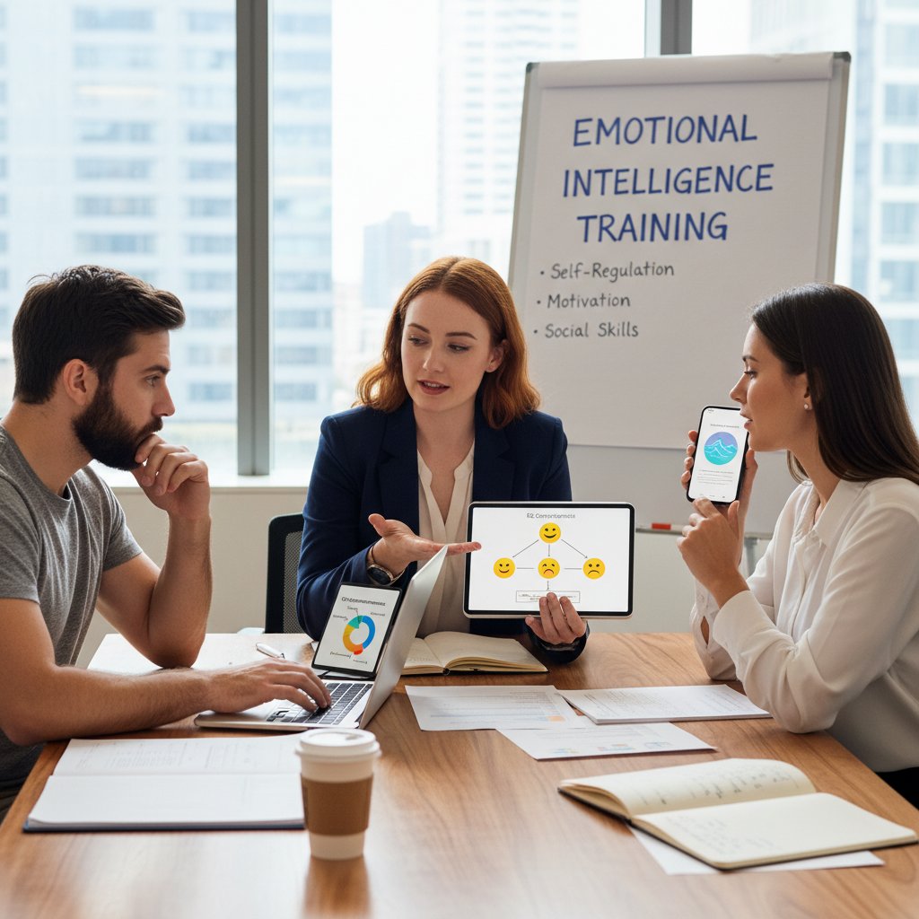 Drei unterschiedliche Menschen nutzen jeweils Smartphone, Laptop und Tablet für EQ-Training