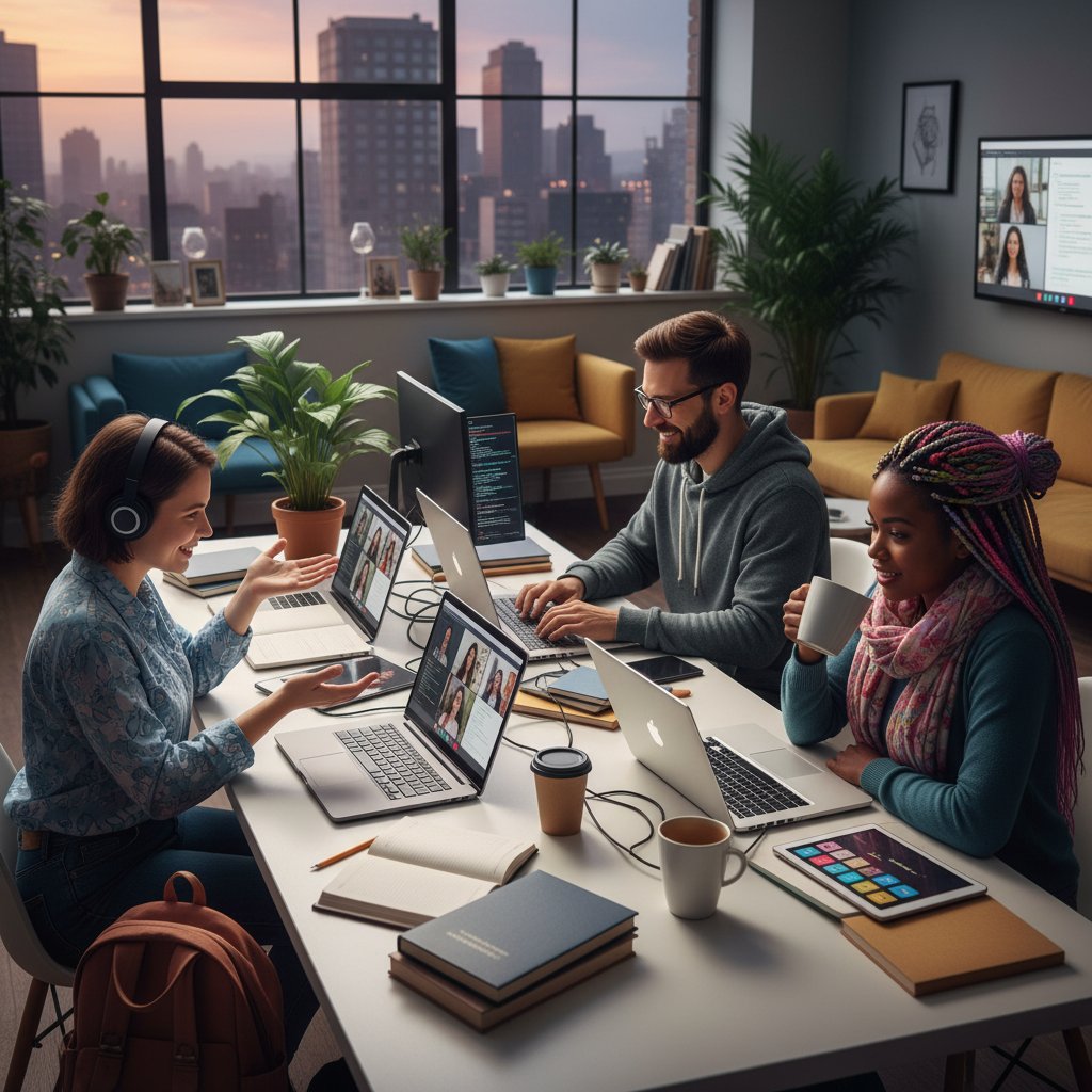 Trzy osoby w różnych środowiskach – studentka przed komputerem, informatyk z tabletem, freelancerka z notatkami – uczą się angielskiego online