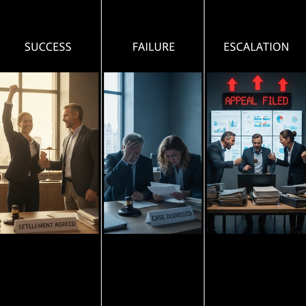 Trzy osoby reprezentujące różne scenariusze – sukces, porażka i eskalacja w walce z komornikiem