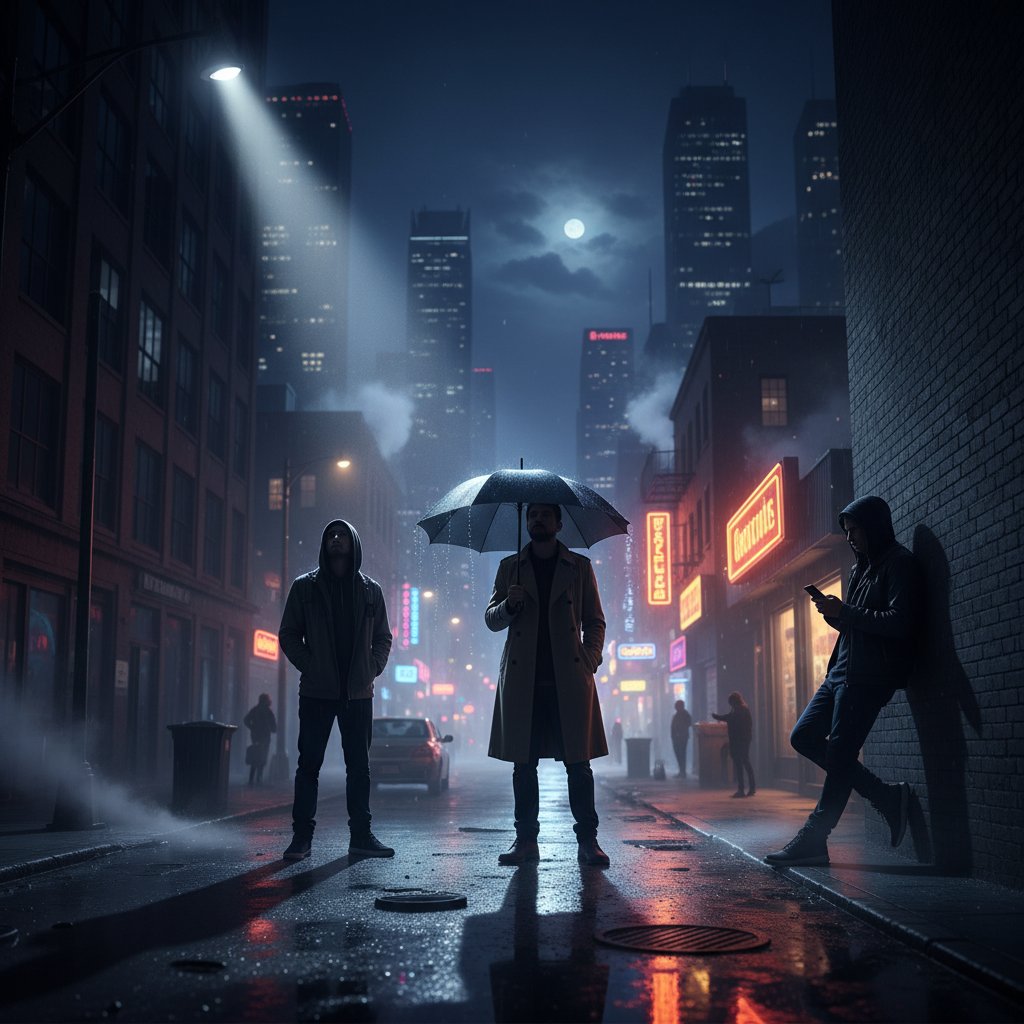 Trzy osoby w napiętej relacji, miasto nocą, dramatyczne światło, trójkąt dramatyczny