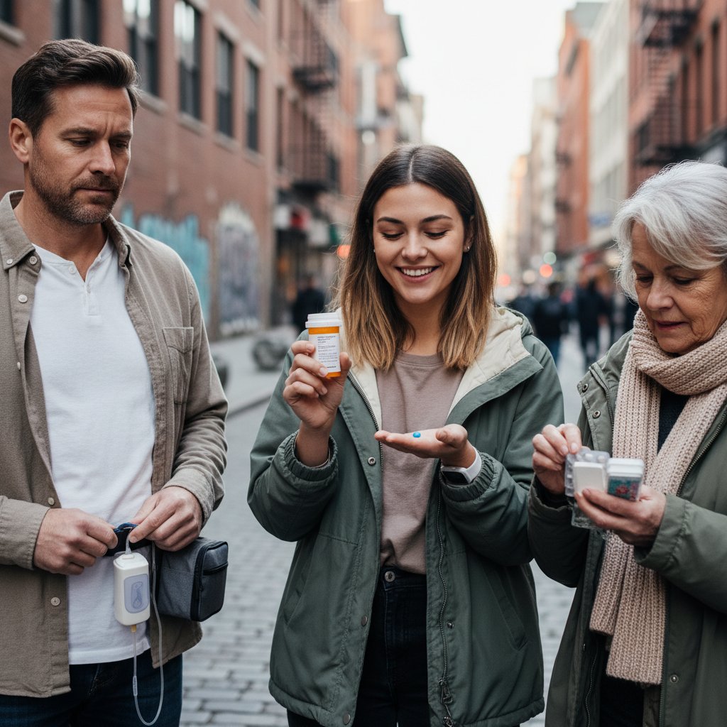 Portrety trzech osób – różne historie związane z walproinianem, miejskie tło