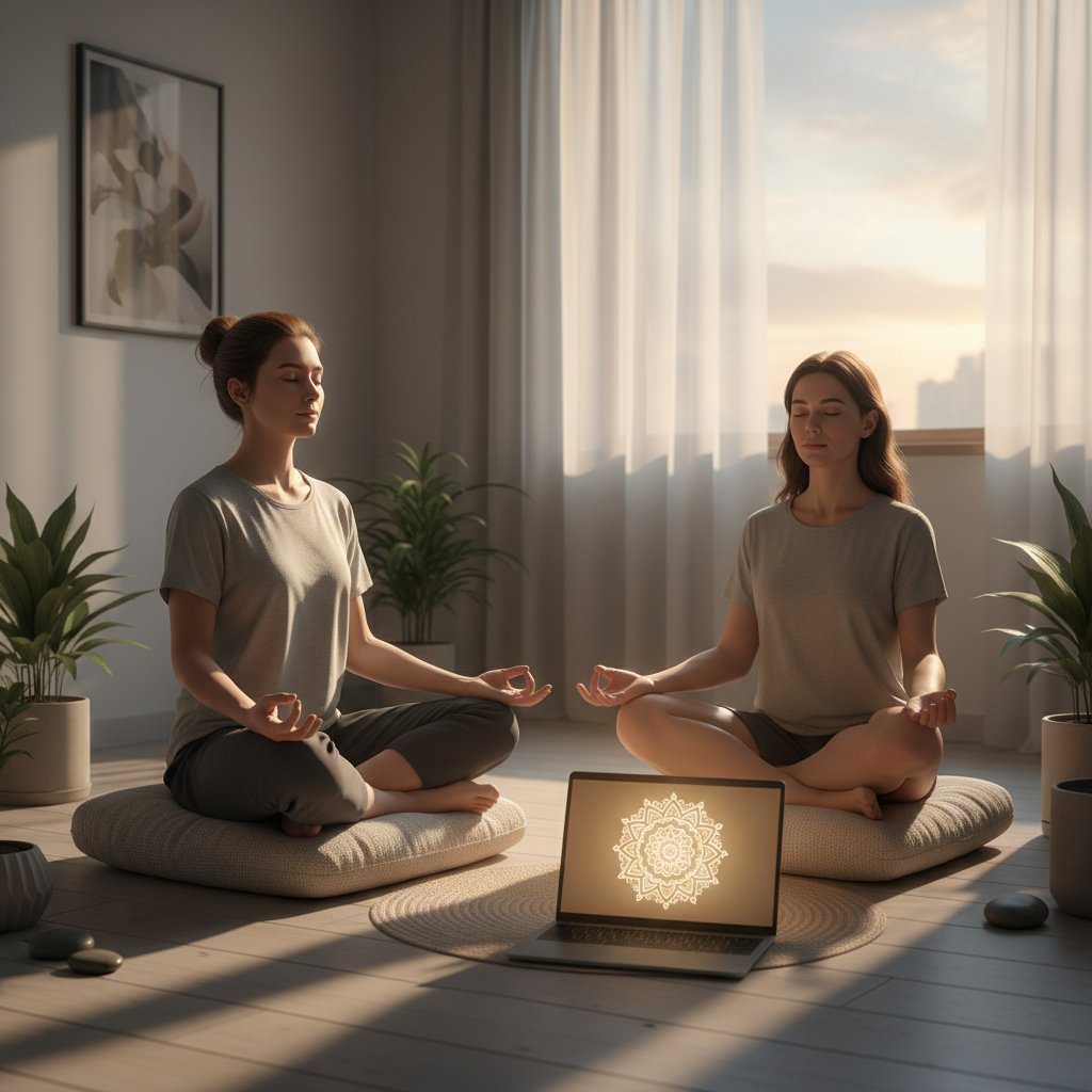 Drei Personen meditieren gemeinsam vor Laptops, Lichtstimmung freundlich und ruhig