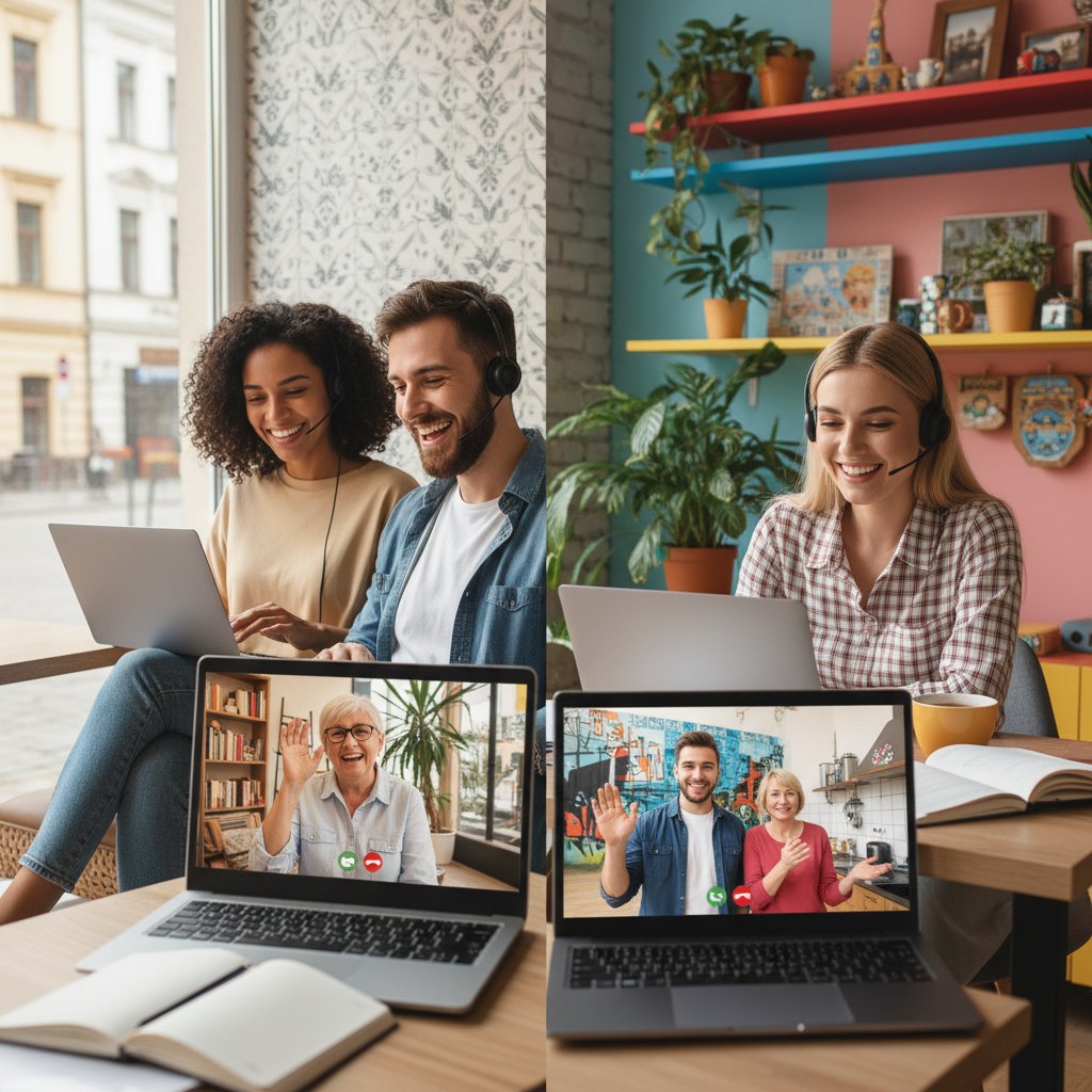 Trzy osoby z Polski rozmawiające przez laptopa z różnymi partnerami językowymi, uśmiech, różne tła