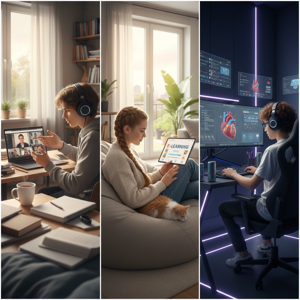 Fotoreportażowy kolaż z trzema młodymi Polakami w różnych środowiskach, każdy uczy się online na swój sposób; energia, 16:9