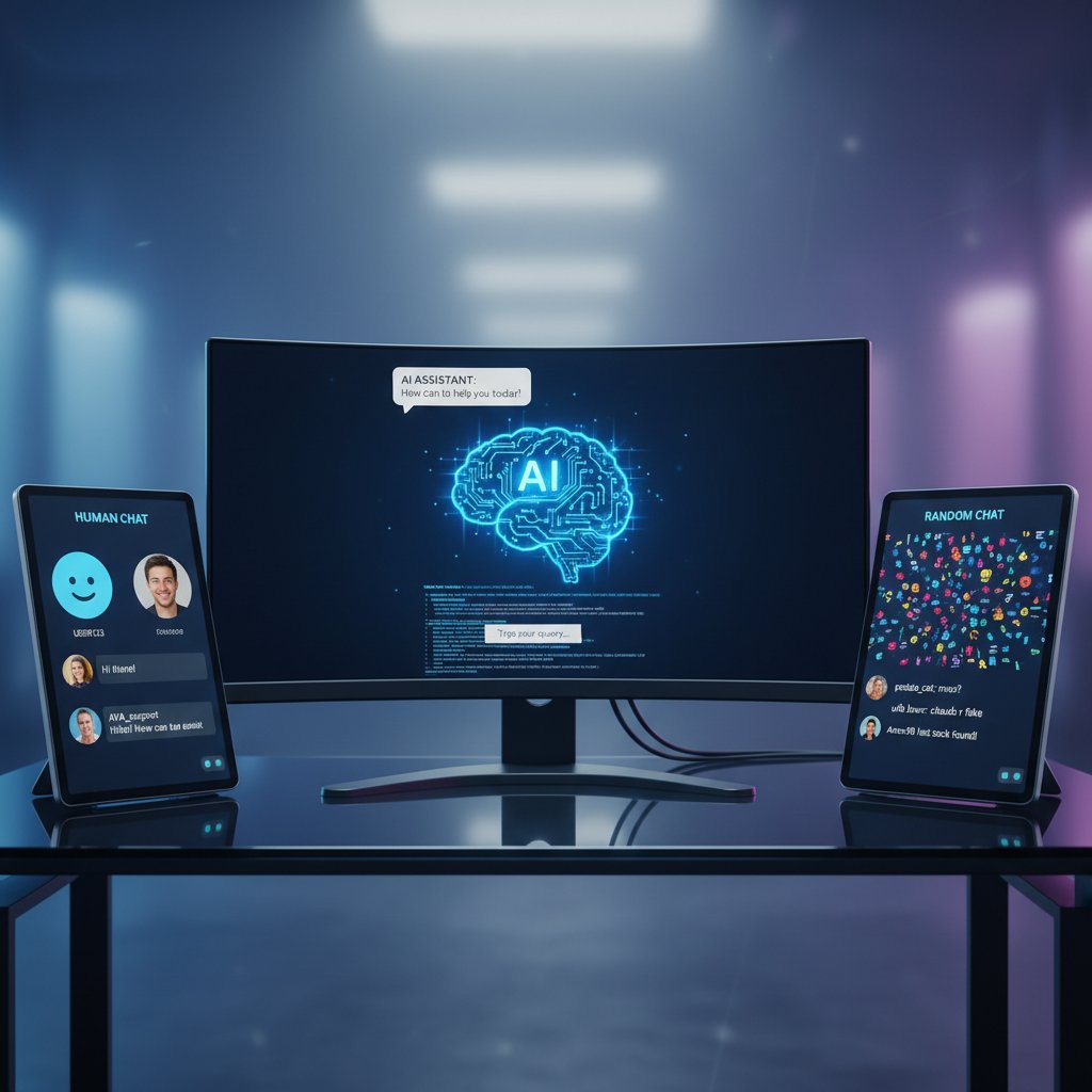Fotografia trzech ekranów: AI chat, rozmowa z człowiekiem, randomowy czat