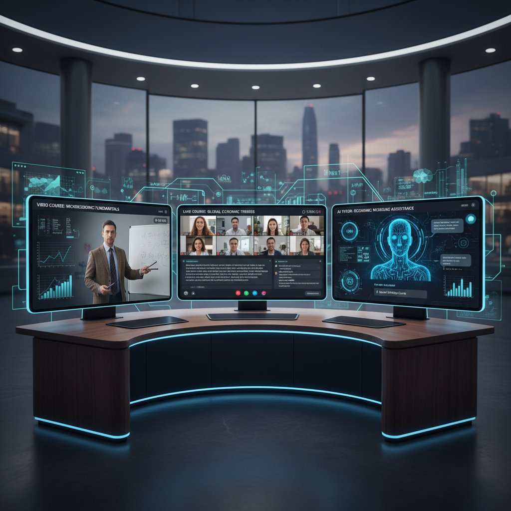 Ekran z trzema oknami kursów: wideo, na żywo, AI – różne sposoby nauki ekonomii