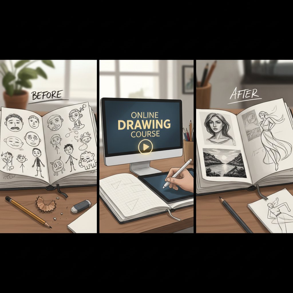 Prace trzech kursantów przed i po kursie online, różnica w stylu i umiejętnościach, szkicowniki