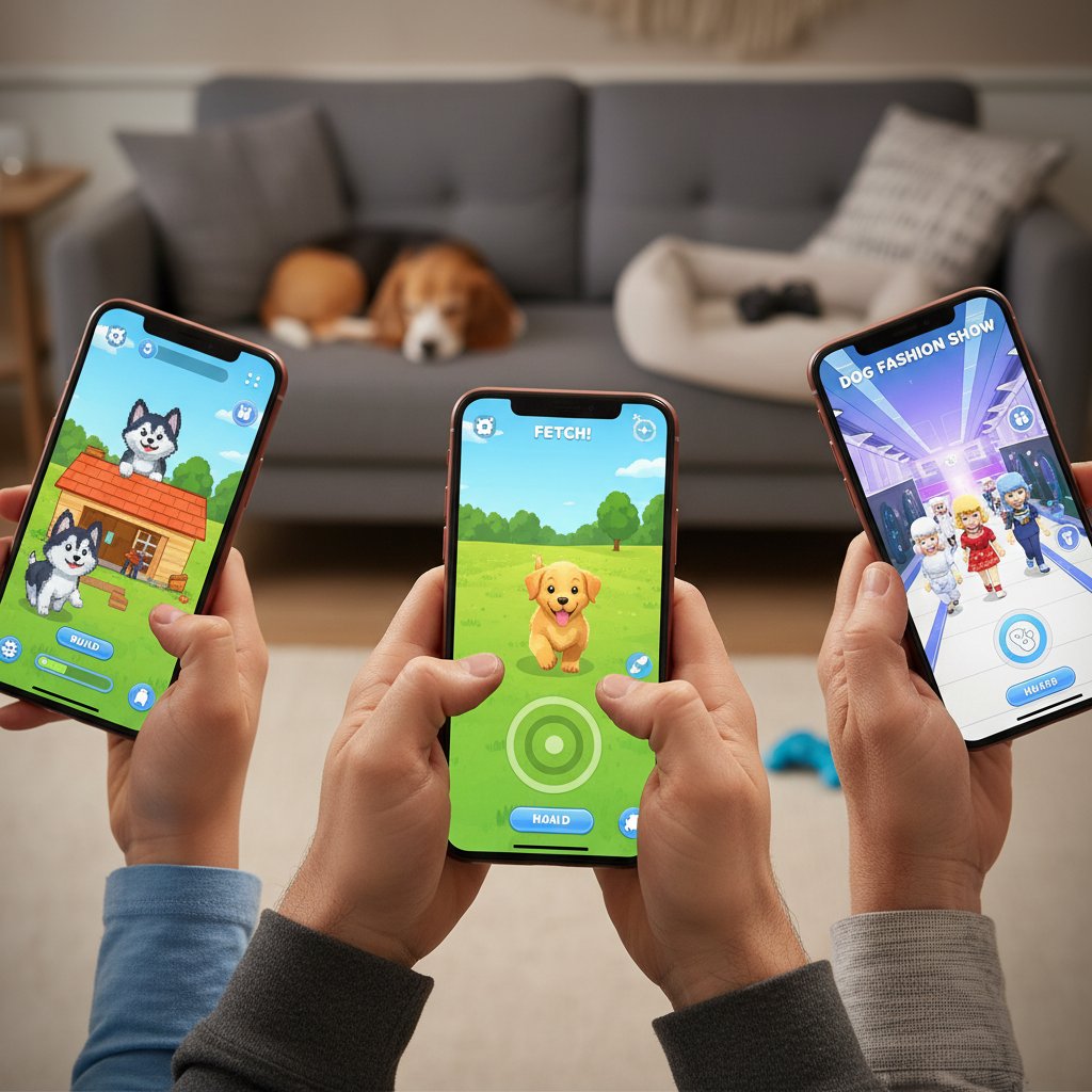 Porównawcze zdjęcie trzech ekranów smartfonów z różnymi symulatorami psów, ręce użytkowników