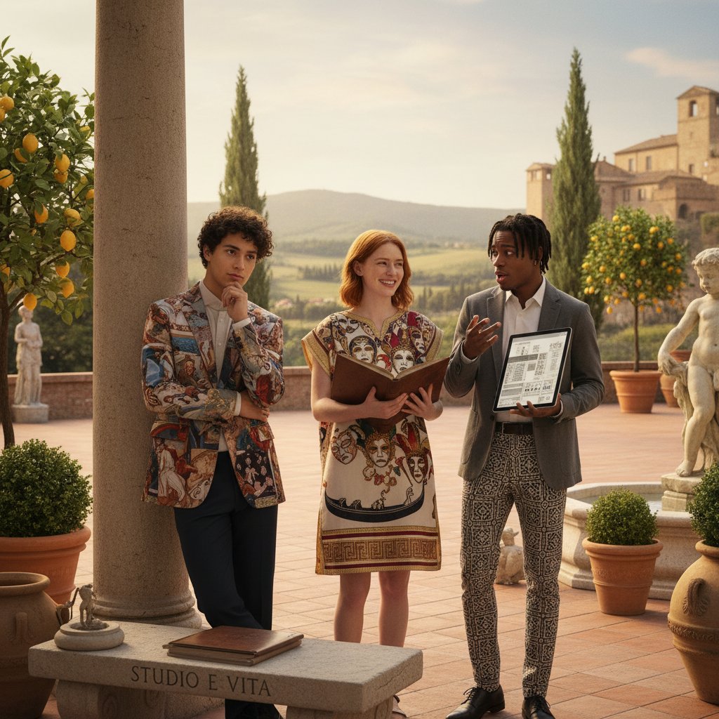 Trzy różne portrety uczniów: zadowolony, zmęczony, i rozczarowany – różne emocje, włoskie motywy w tle