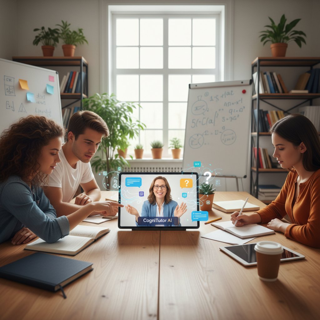 Trzy osoby: studentka online, grupa na kursie i uczeń korzystający z aplikacji AI, każda na tle symbolizującym ich ścieżkę