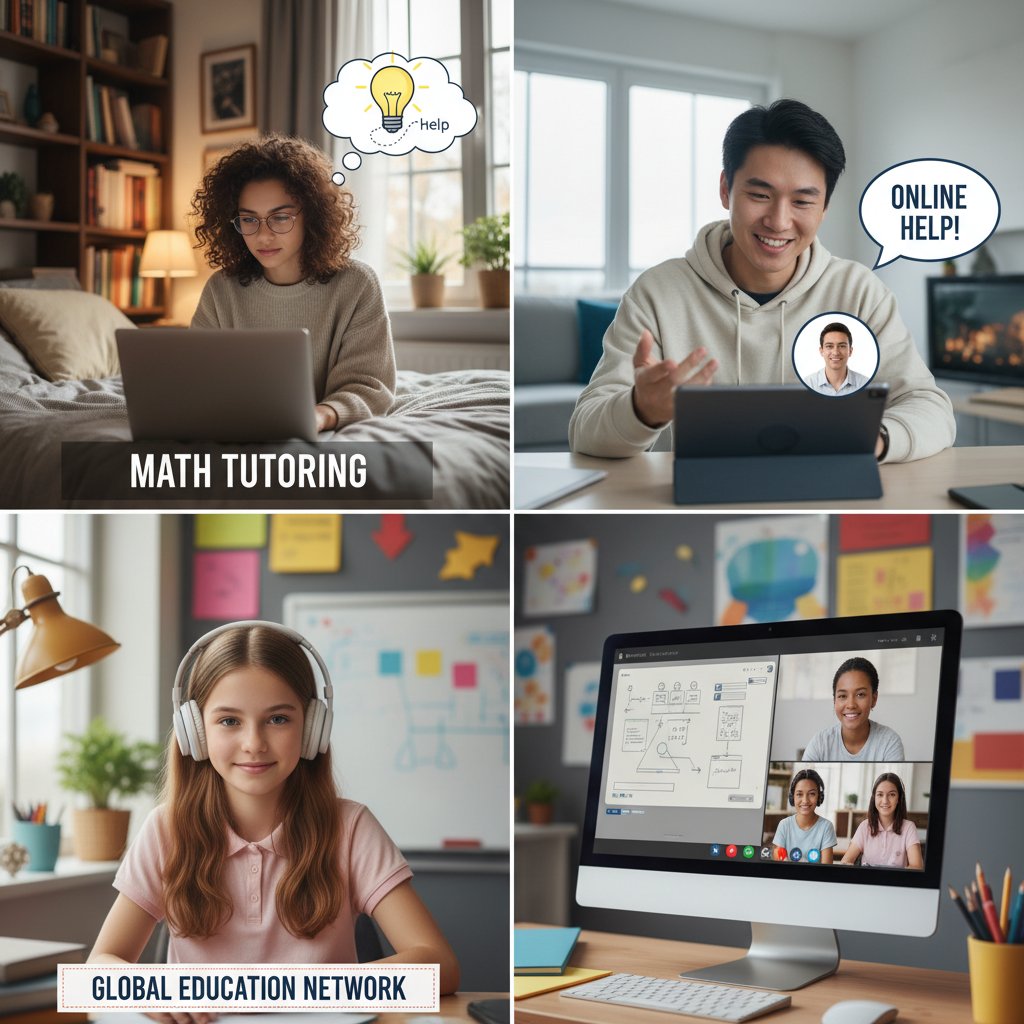 Trójka uczniów przedstawionych jako portrety, każdy z innego środowiska, wszyscy korzystają z pomocy online