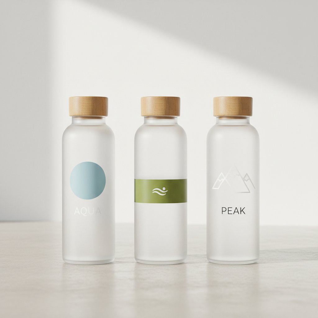 Trzy butelki wody o różnych etykietach na jasnym tle, różnice między wodą mineralną, źródlaną i smakową