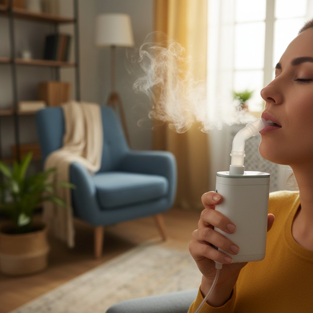 Zdjęcie osoby przygotowującej inhalację na gardło w domowym wnętrzu