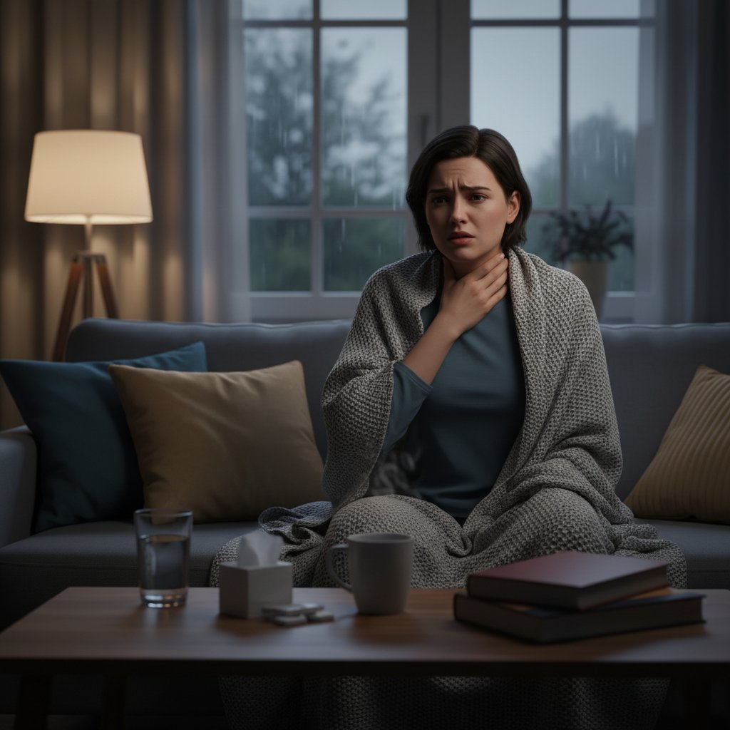 Zbliżenie na osobę trzymającą się za gardło, wyraz twarzy sugeruje ból i niepokój, domowe warunki