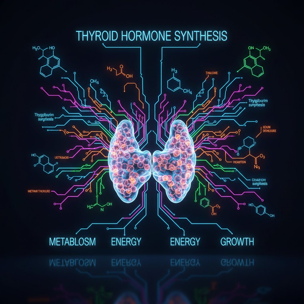 Schemat działania propylotiouracylu na poziomie komórkowym tarczycy.