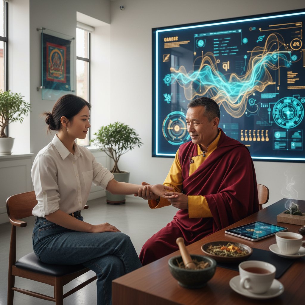 Lekarz tybetański badający puls pacjenta w tradycyjnym otoczeniu z elementami nowoczesności