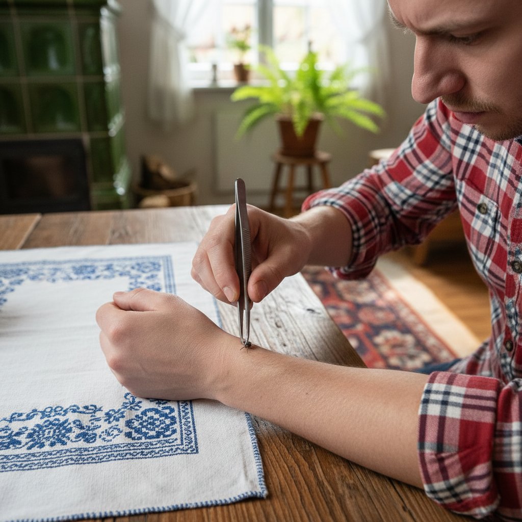 Zbliżenie na rękę z usuwanym kleszczem za pomocą pęsety – domowe warunki, polskie światło