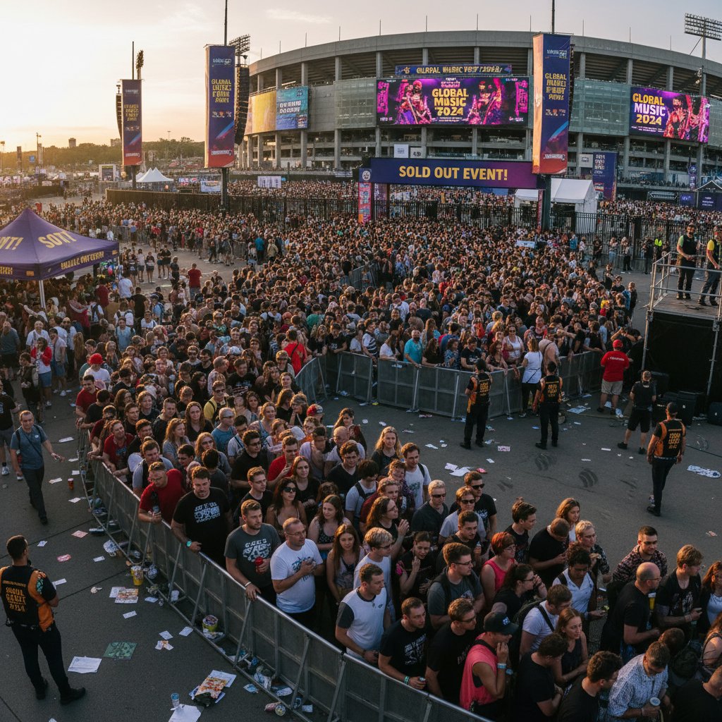 Tłum ludzi przy kasie biletowej, atmosfera pośpiechu i presji wyboru, marketing wydarzeń kulturalnych