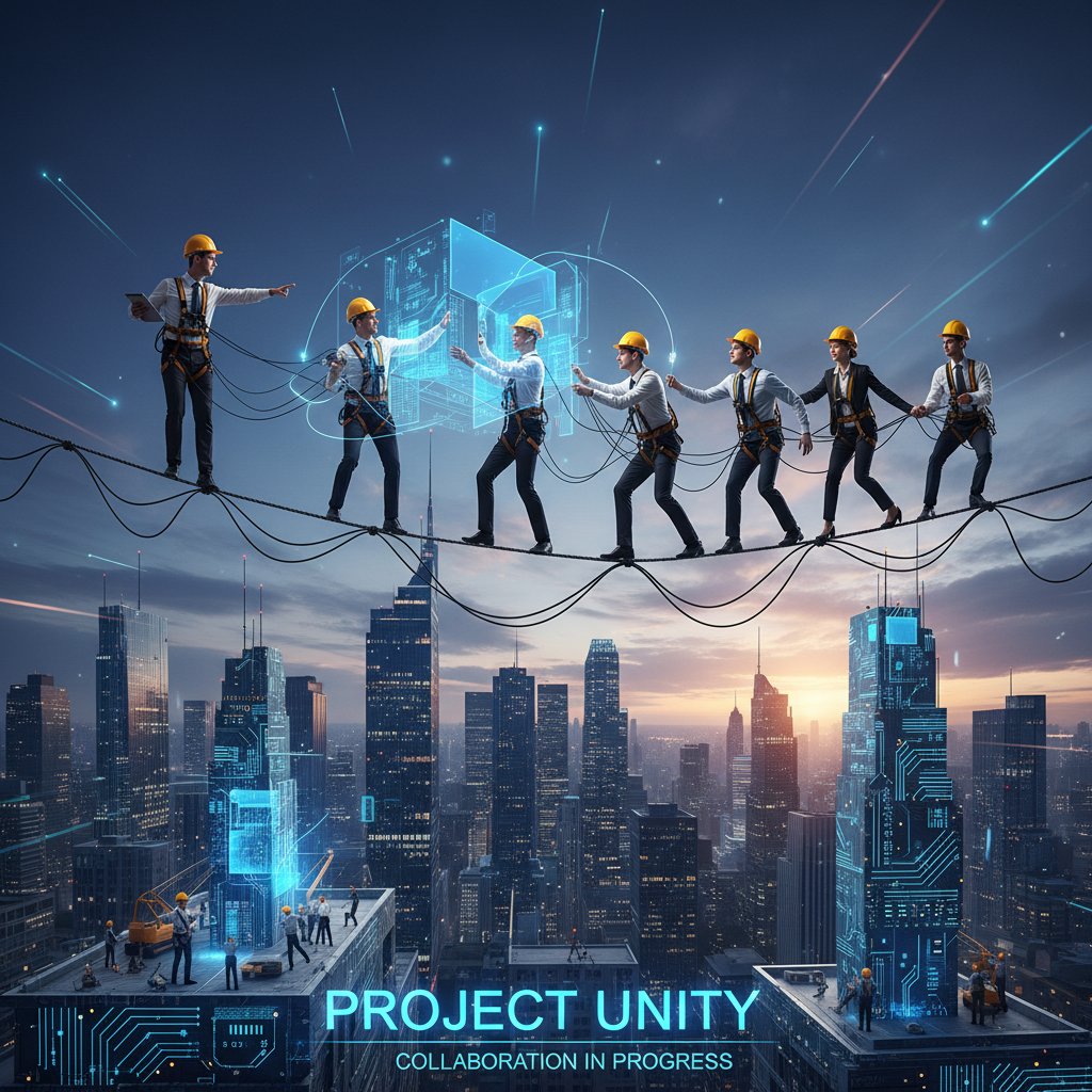 Tightrope walker over a complex cityscape, visual metaphor for handling projects as a balancing act, featuring project handling and team collaboration