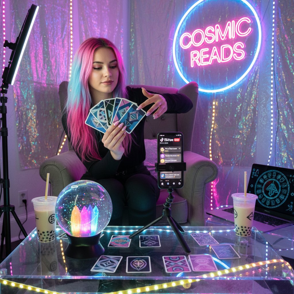 Młoda influencerka wróżąca dla widzów na TikToku, wróżby online, kolorowe światła, nowoczesne rekwizyty