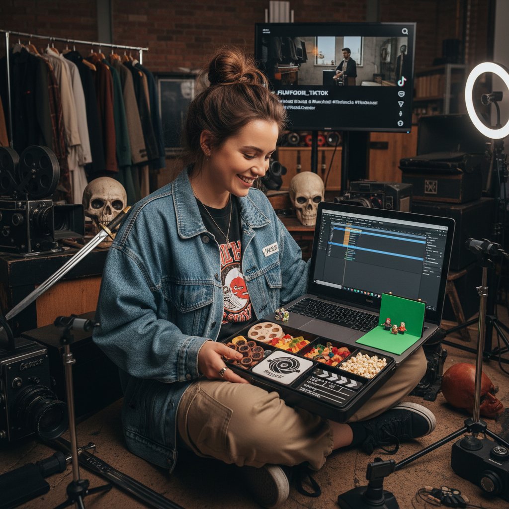 A young filmmaker using a smartphone to record a TikTok tutorial, surrounded by movie props and a laptop running Tasteray.com
