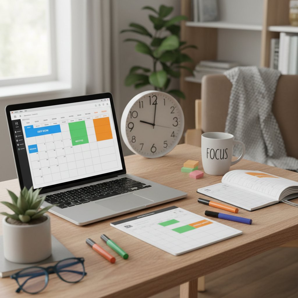 Schemat działania time blockingu na ekranie laptopa w domowym biurze