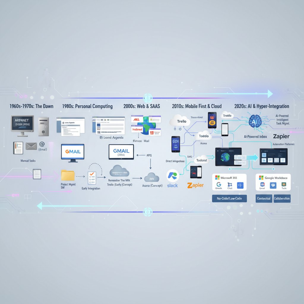 Timeline of digital tools evolution, highlighting the divides between email and task managers