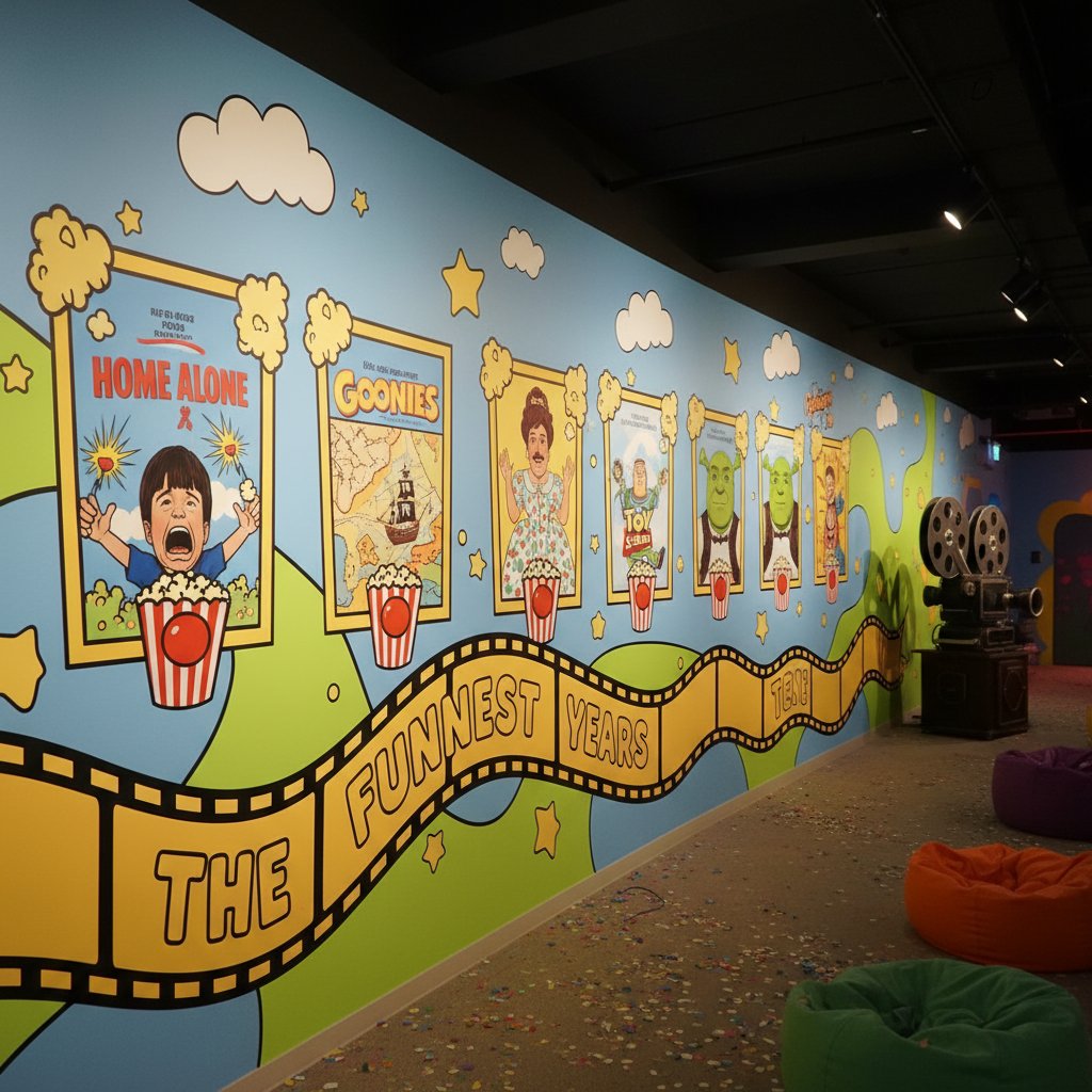 Timeline of famous kids’ comedy films in a modern cinema, representing the evolution of movie kids comedy cinema