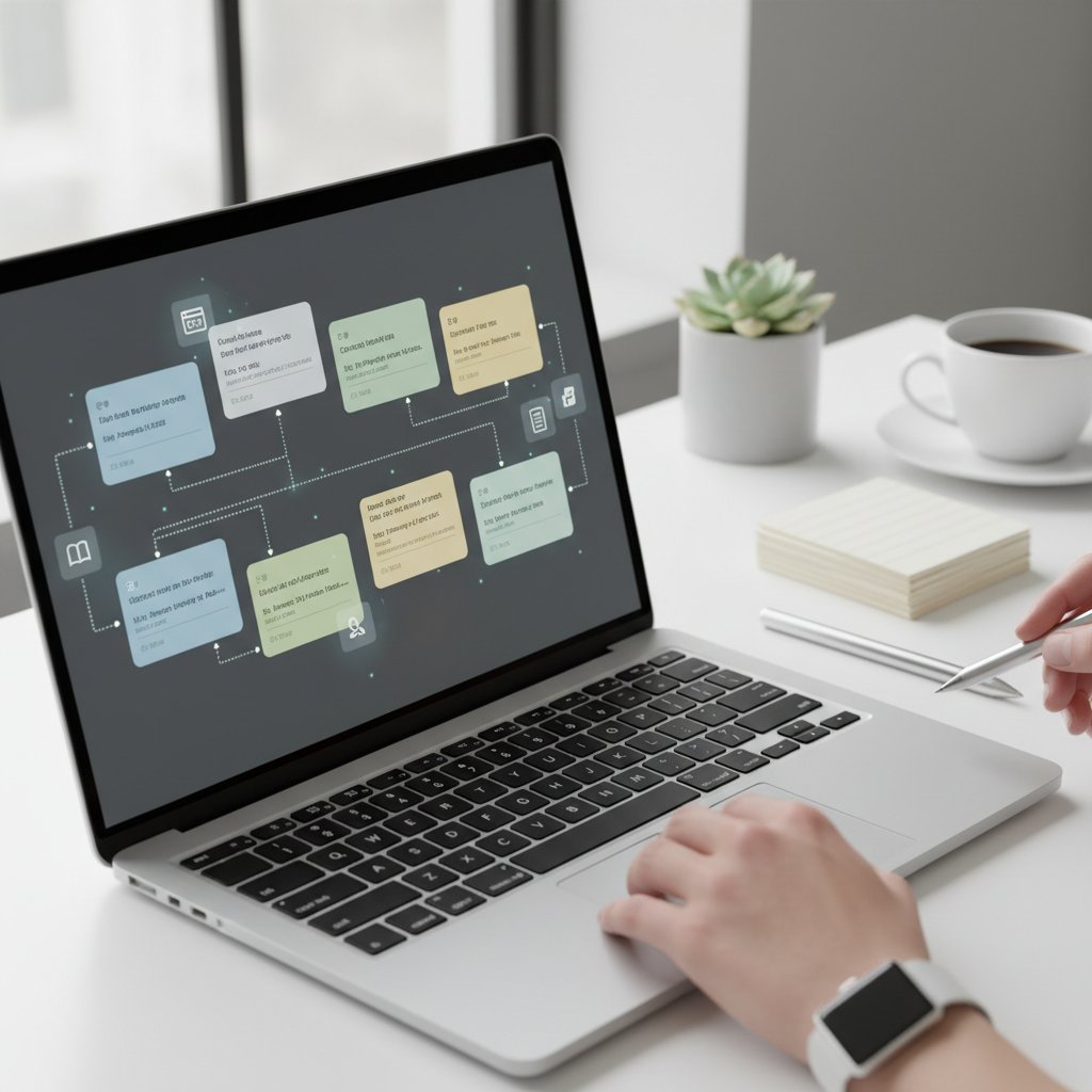 Timeline of citation management evolution, stylized editorial photo of hands sorting old index cards next to a modern laptop