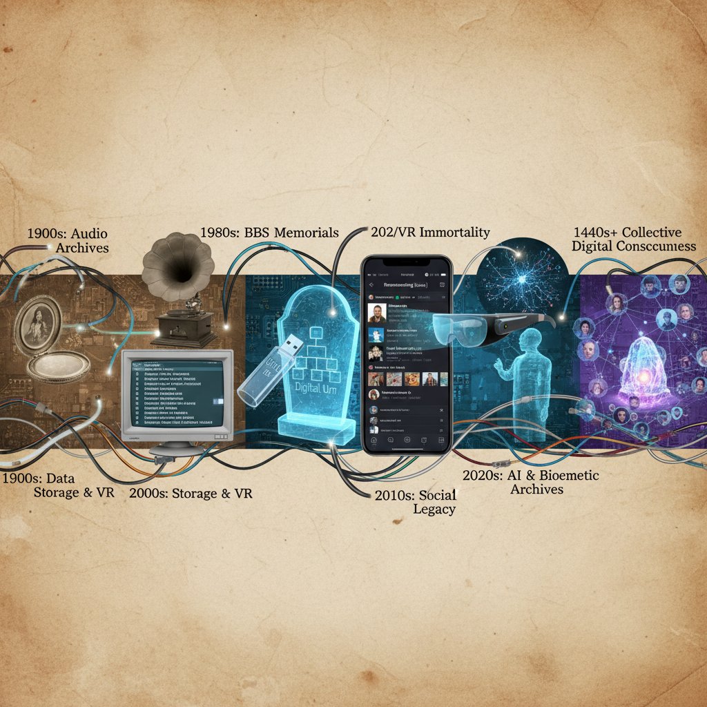 Timeline of digital remembrance technologies, collage of old and new interfaces, documentary style, digital memorial conversations