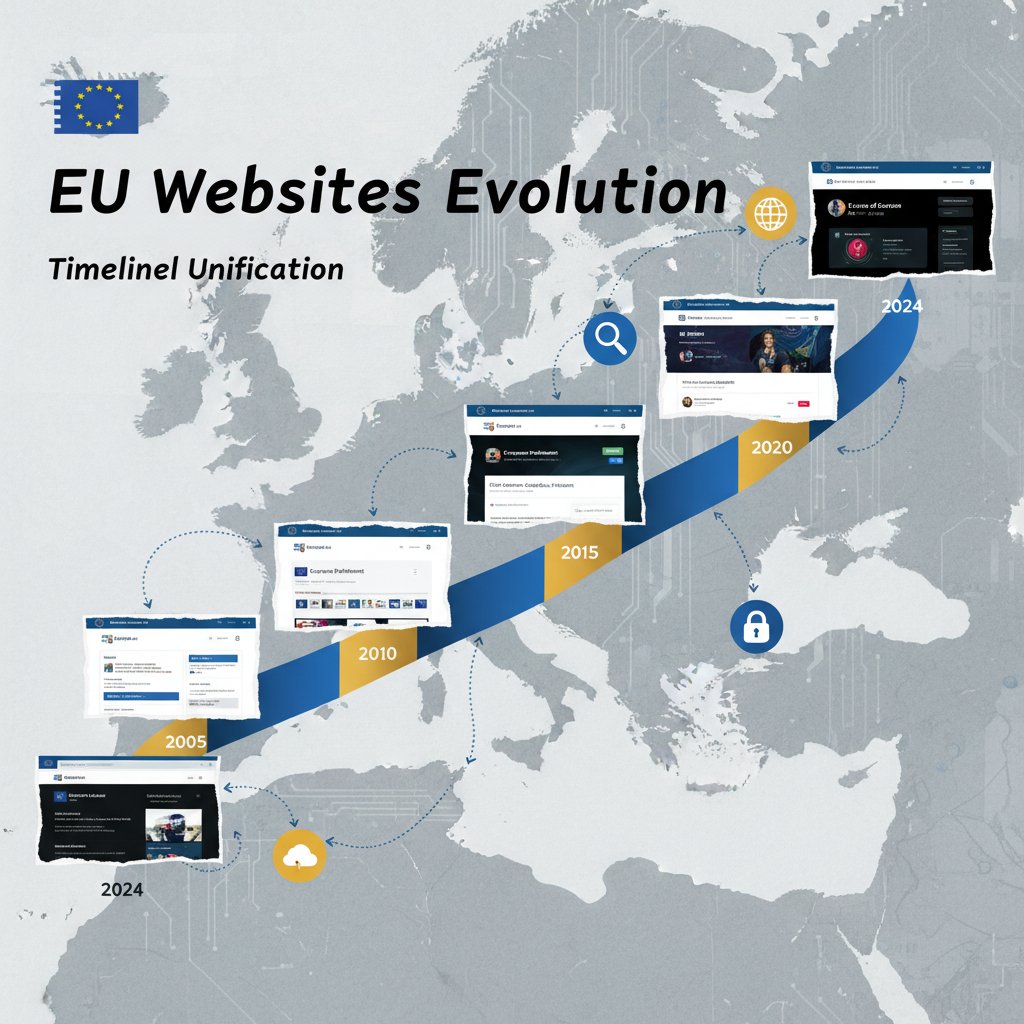 Historia cyfryzacji Unii Europejskiej – kolaż stron UE dawniej i dziś, oś czasu