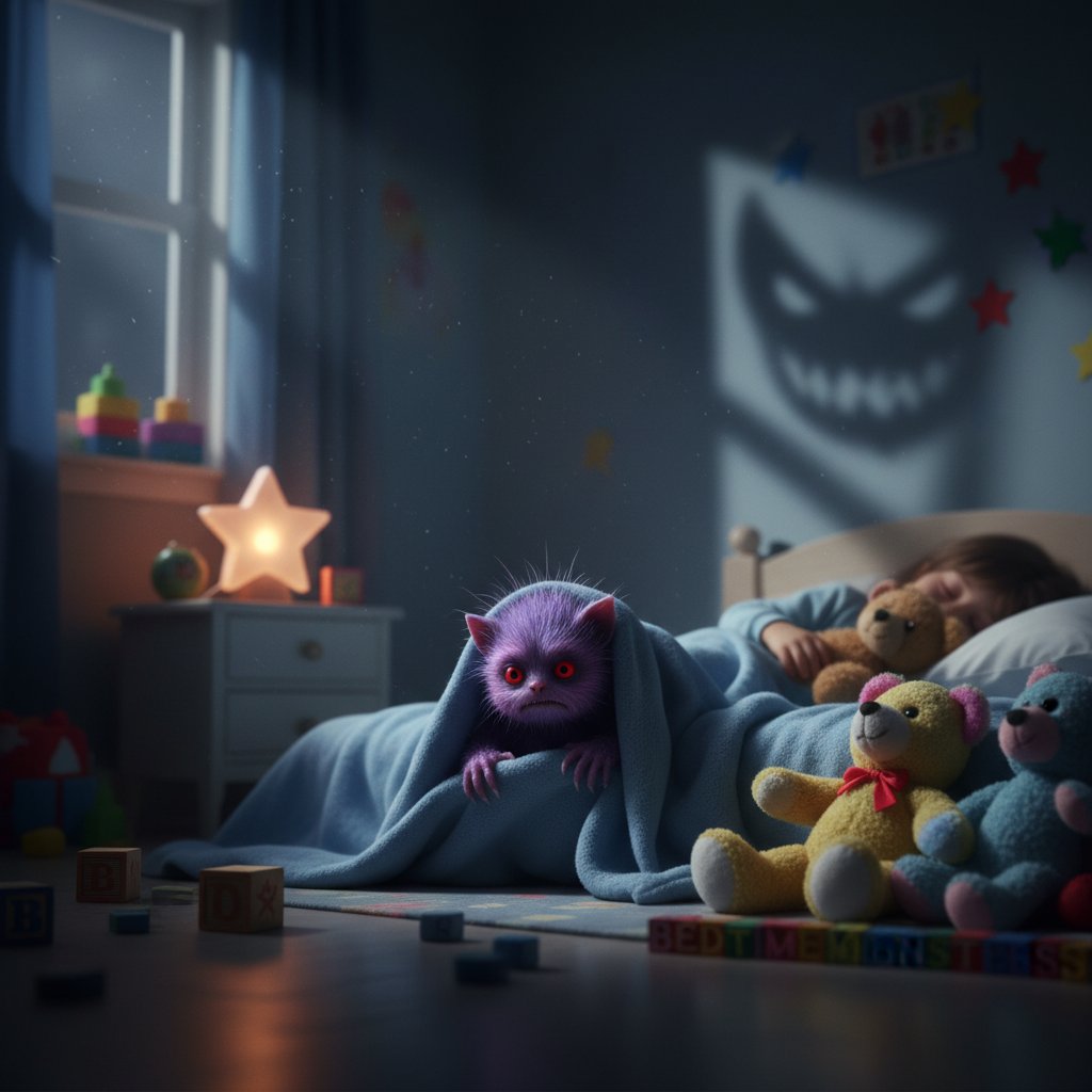 Tiny monster hiding in child's bedroom, symbolizing childhood fears