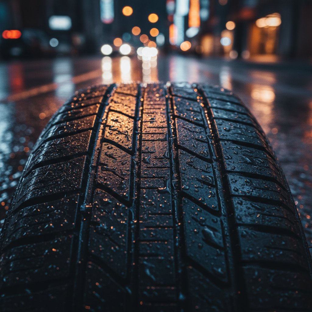 Macro shot of tire tread gripping wet asphalt at night, urban environment, high detail