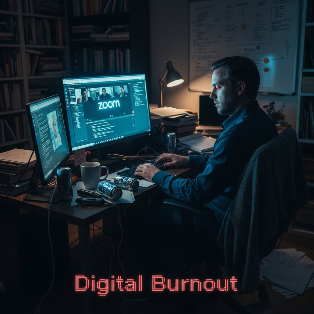 Tired academic working late online, symbolizing digital burnout