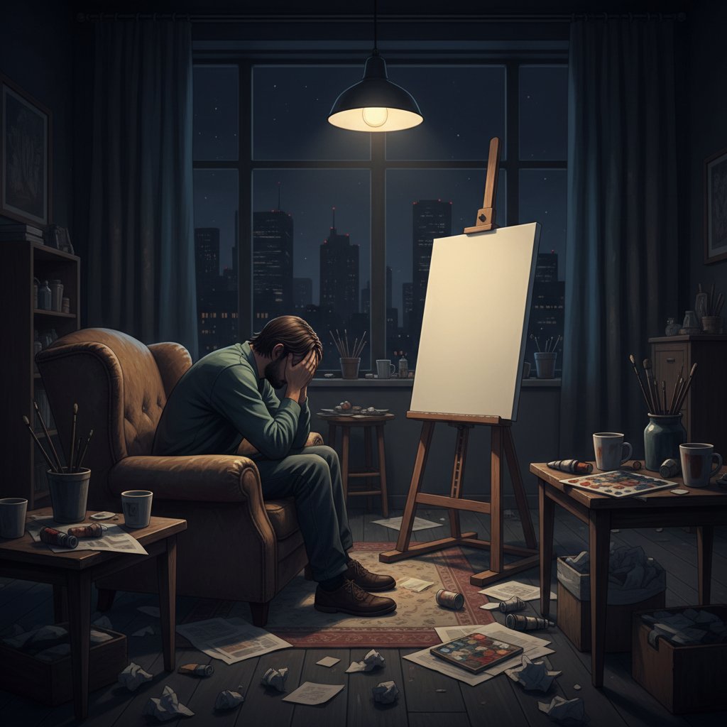 Zmęczony artysta siedzący nad pustym płótnem w nocnym studio, symbol wypalenia twórczego