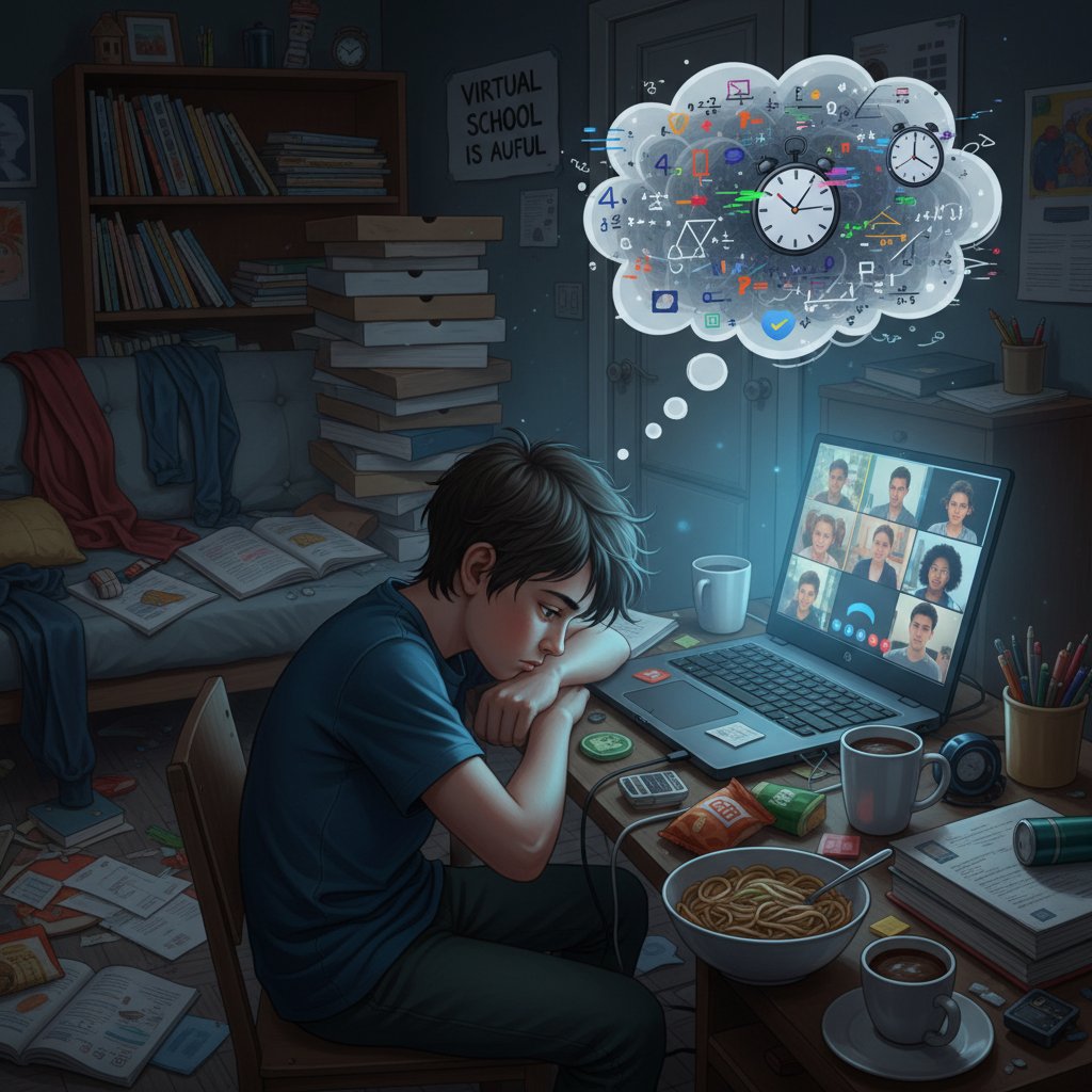 Chłopak ze znużoną miną przed laptopem, w tle chaotyczny pokój – symbol trudności w nauce na odległość