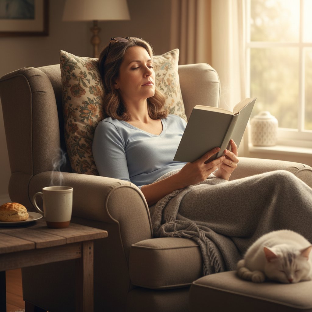 Zmęczony opiekun relaksuje się z książką i kubkiem herbaty, odpoczynek w opiece