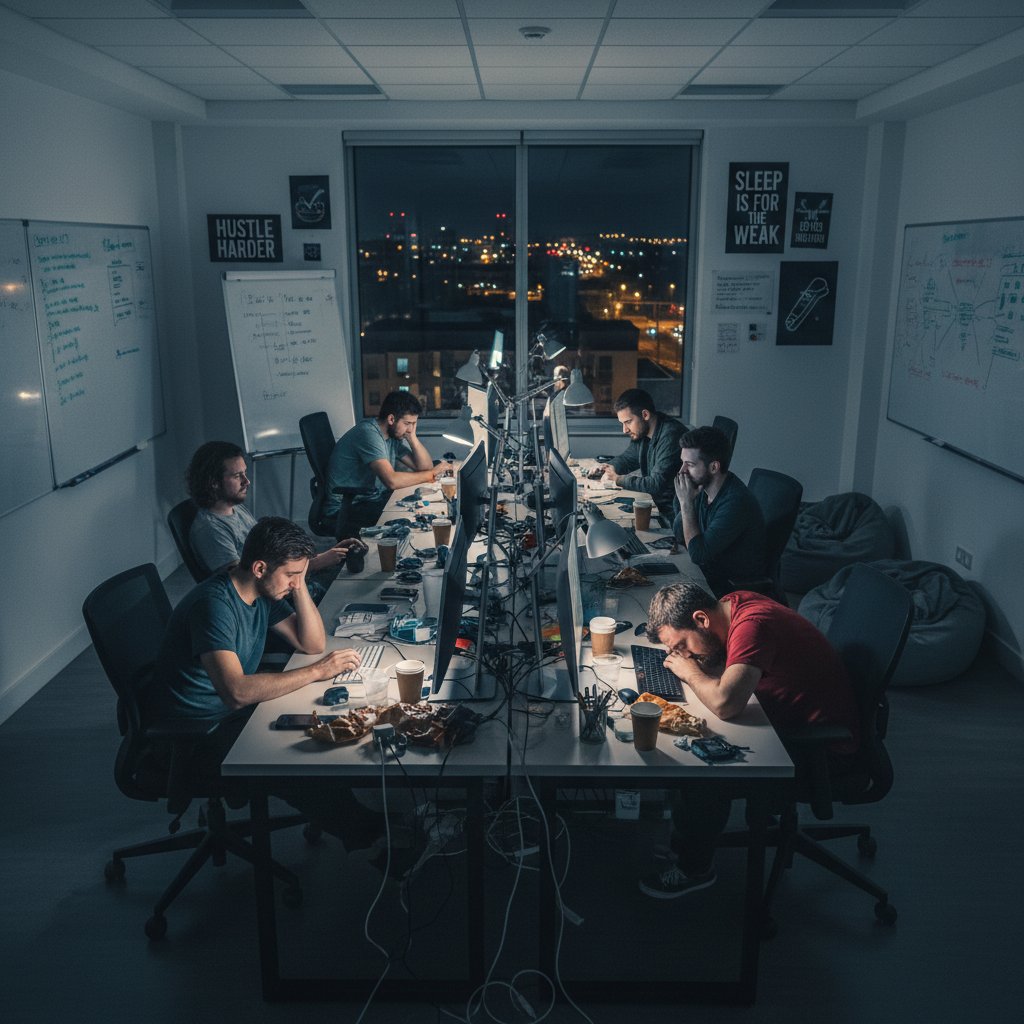 Zmęczony zespół programistów przy komputerach nocą, objawy wypalenia kreatywnego