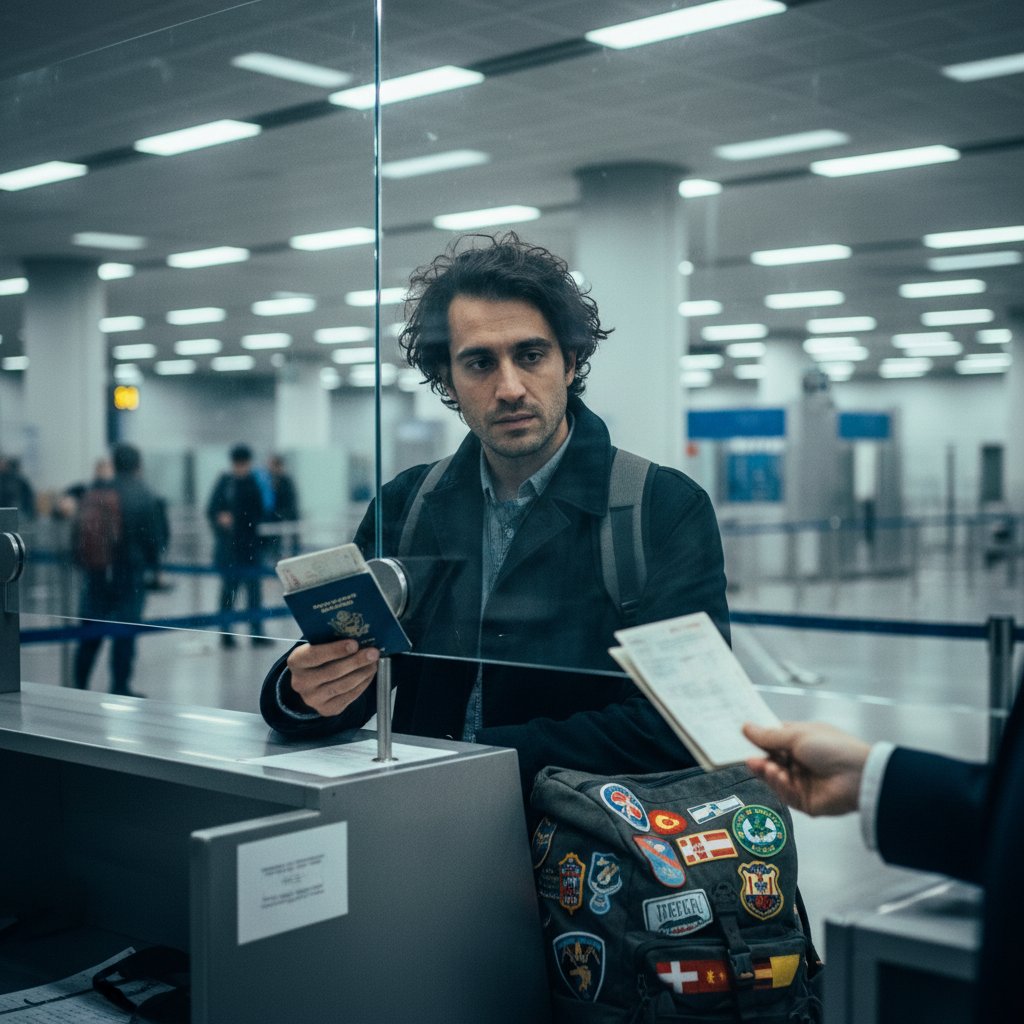 Tired digital nomad at border checkpoint, passport in hand, captures tension of visa runs