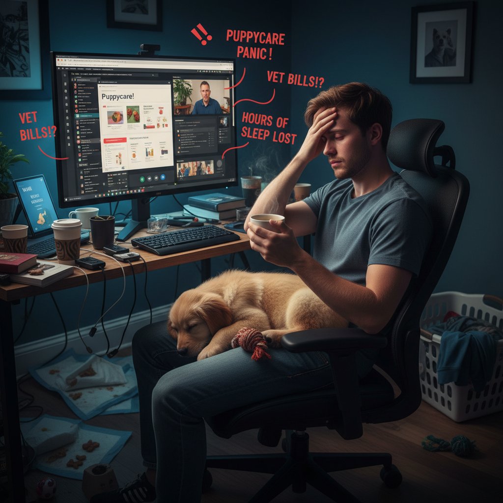 Zmęczona właścicielka psa przy komputerze, pies leży obok, typowe wyzwania opieki nad psem online