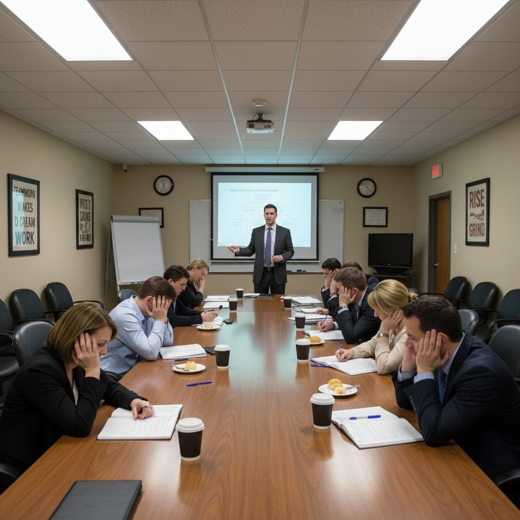 Zmęczona grupa pracowników na tradycyjnym szkoleniu biznesowym