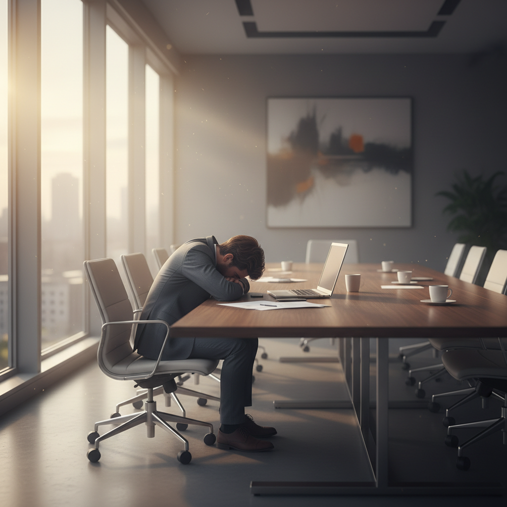 Zmęczony przedsiębiorca przy pustym stole konferencyjnym, światło poranka, psychoterapia dla przedsiębiorców