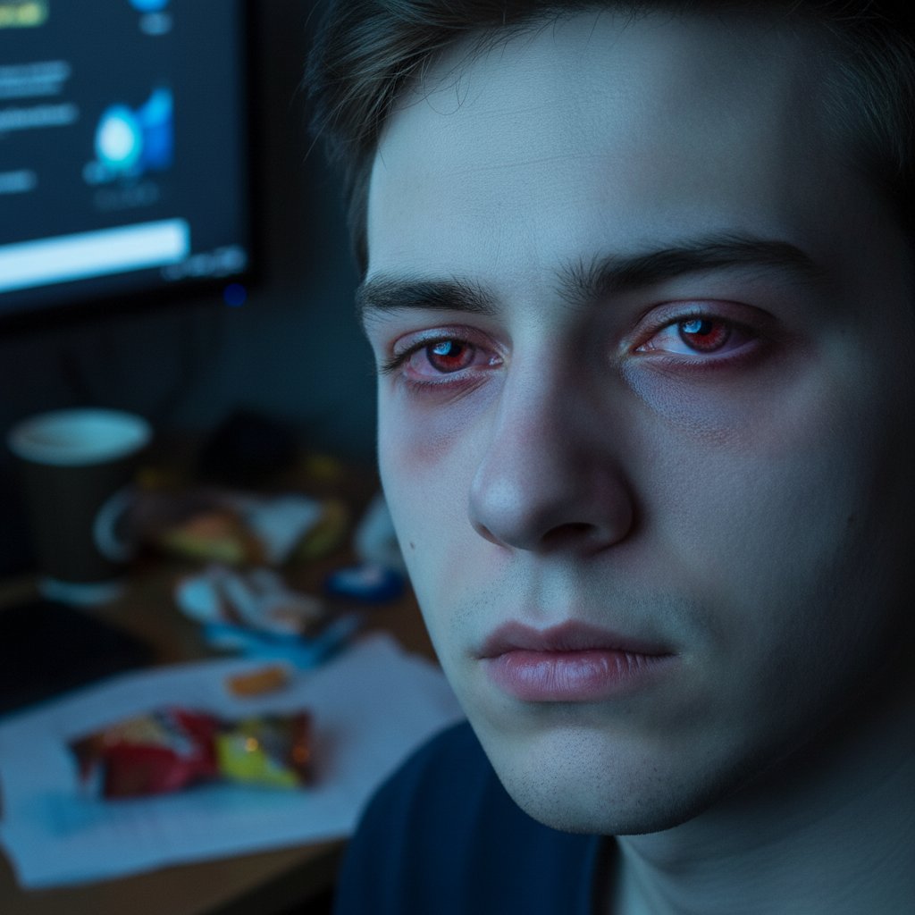 Zmęczone oczy w niebieskim świetle monitora – objaw wypalenia online