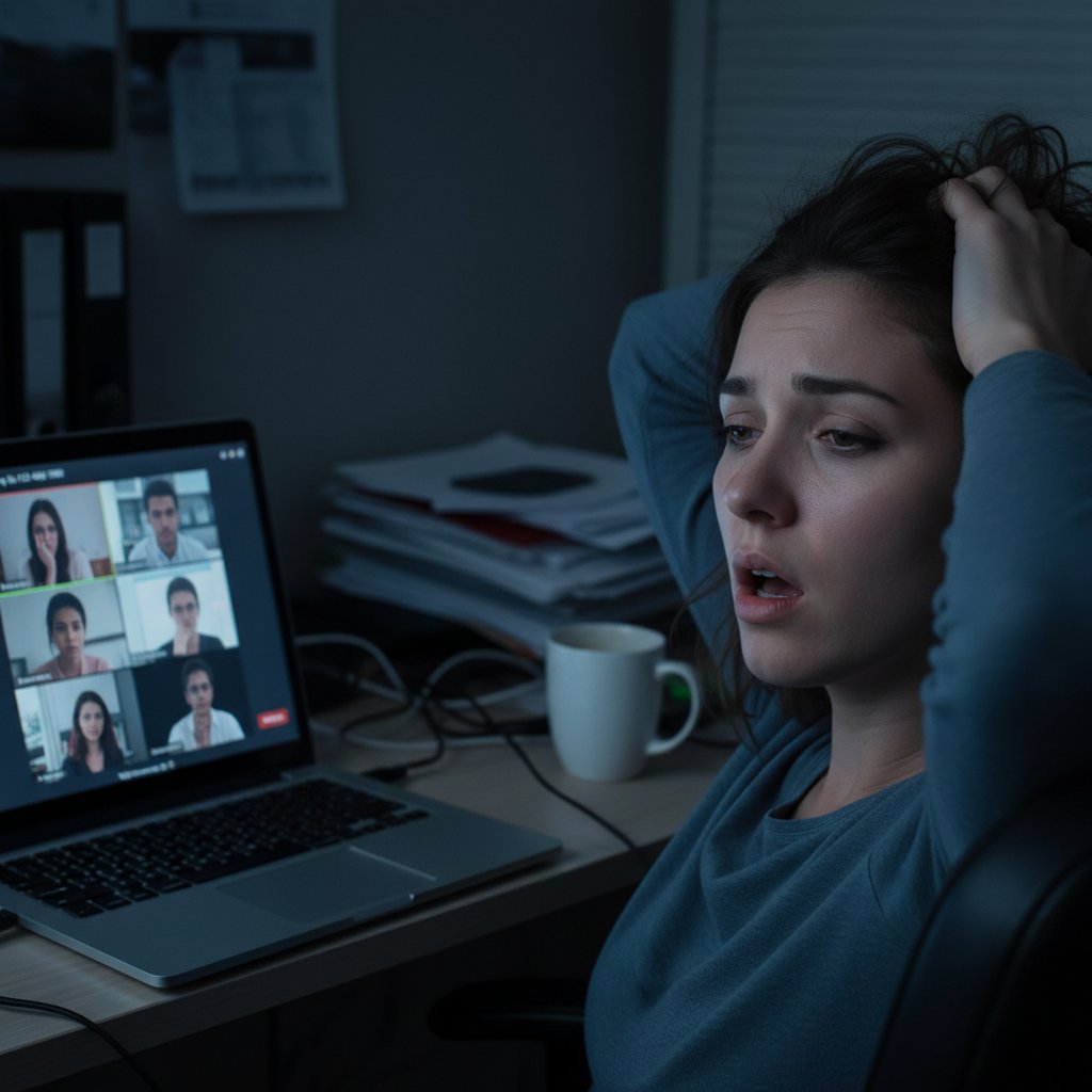 Zmęczona twarz oświetlona ekranem laptopa podczas wideokonferencji