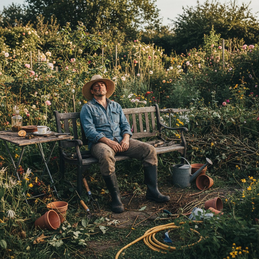 Zmęczony ogrodnik w swoim ogrodzie, narzędzia rozrzucone na ziemi