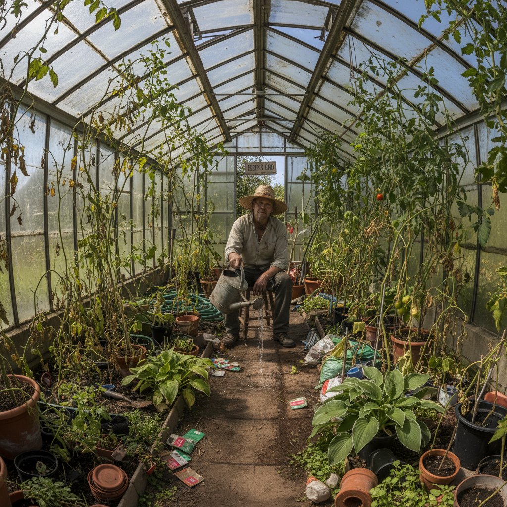 Zmęczony ogrodnik podlewający rośliny ręcznie w szklarni – chaos i straty, tradycyjne podlewanie szklarni