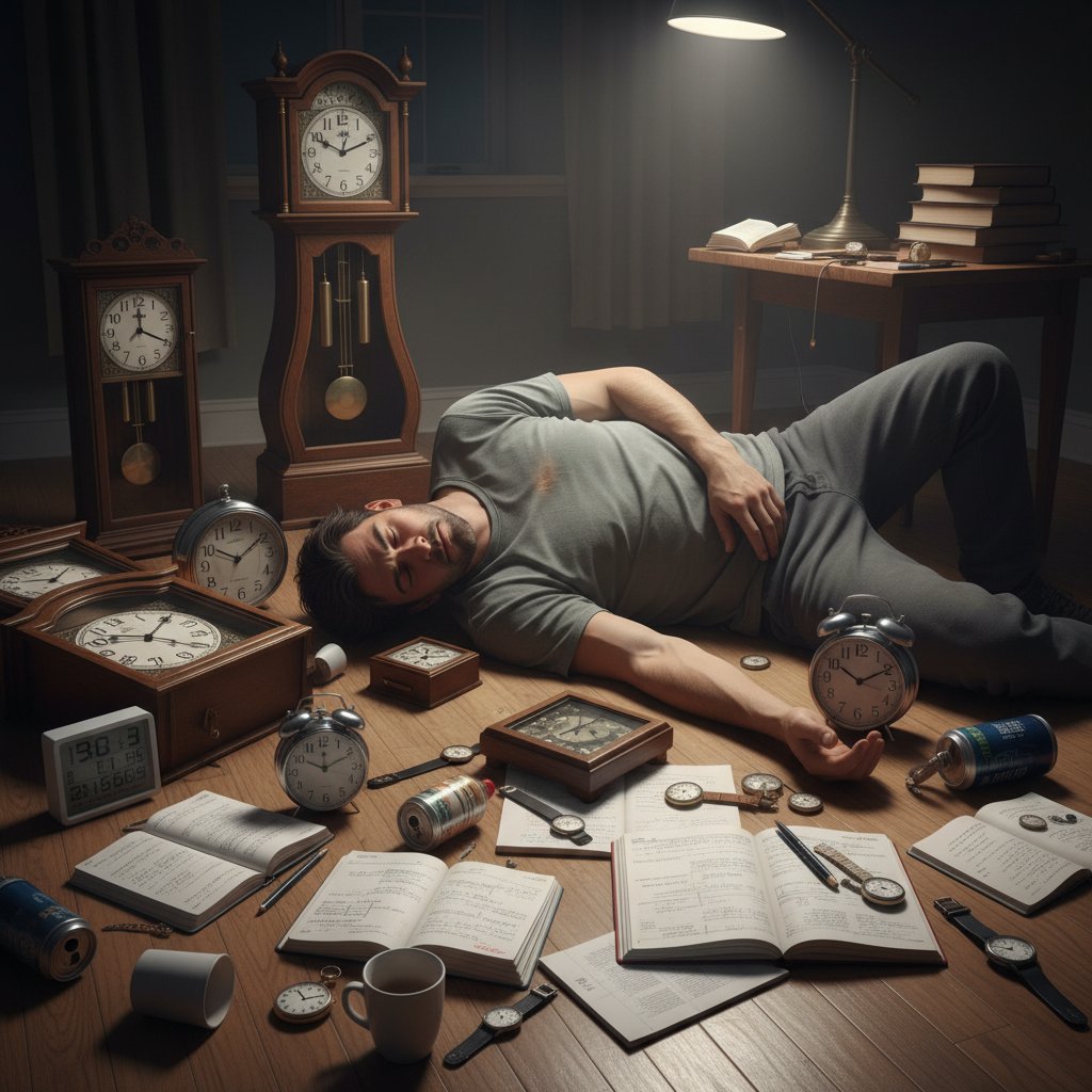 Zmęczony człowiek siedzący na podłodze z głową opartą o łóżko, na podłodze rozrzucone budziki i notesy – symbol sukcesów i porażek snu polifazowego