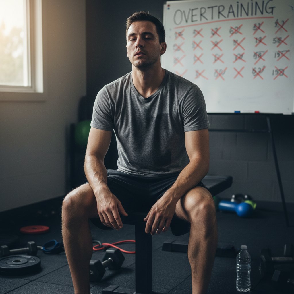 Zmęczony mężczyzna odpoczywający po treningu w domu, objawy przetrenowania