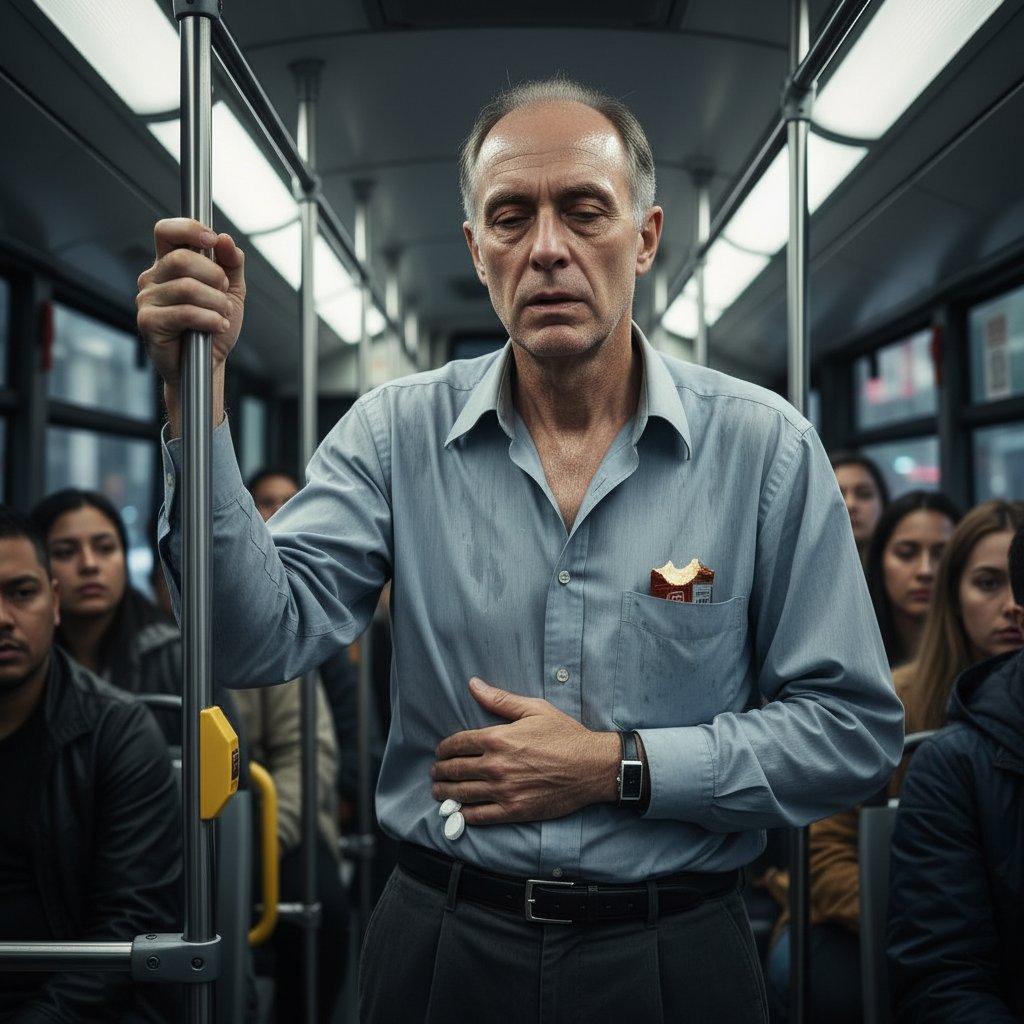 Mężczyzna o zmęczonym wyrazie twarzy siedzi w tramwaju, spocony i blady, trzymając się kurczowo poręczy – objawy hipoglikemii w przestrzeni publicznej