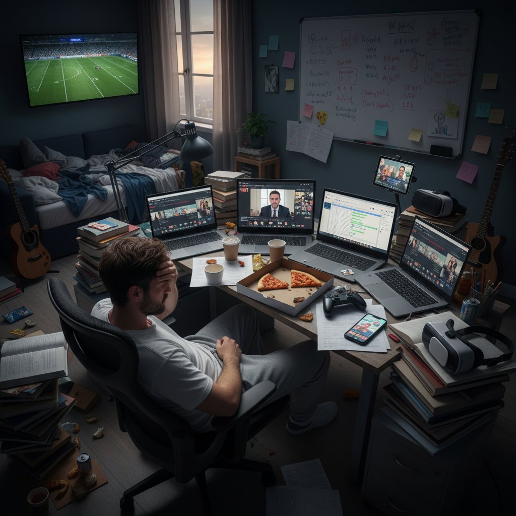 Mężczyzna otoczony laptopami i książkami, zmęczony i rozkojarzony podczas nauki online